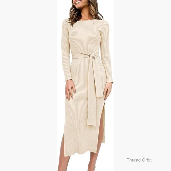 Dresses & Skirts - Long Sleeve Ribbed Knit Midi Dress Tie Waist Bodycon Fall Outfit
